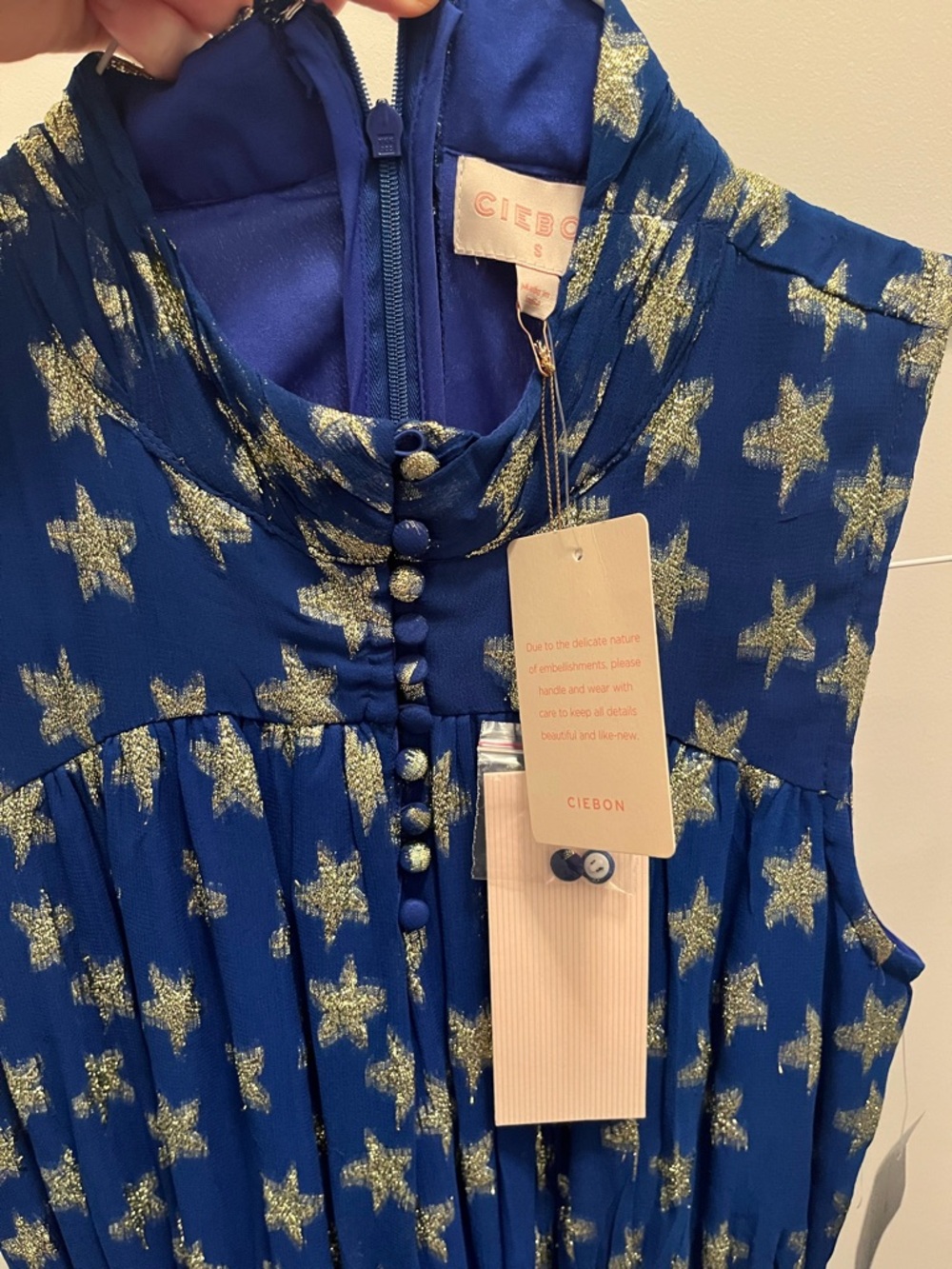 NWT Ciebon Sleeveless Blue Maxi Dress with Gold Star Print- Small- - Picture 3 of 6